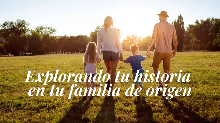 Portada de la clase Explorando tu historia en tu familia de origen: una familia caminando de la mano por un campo al atardecer