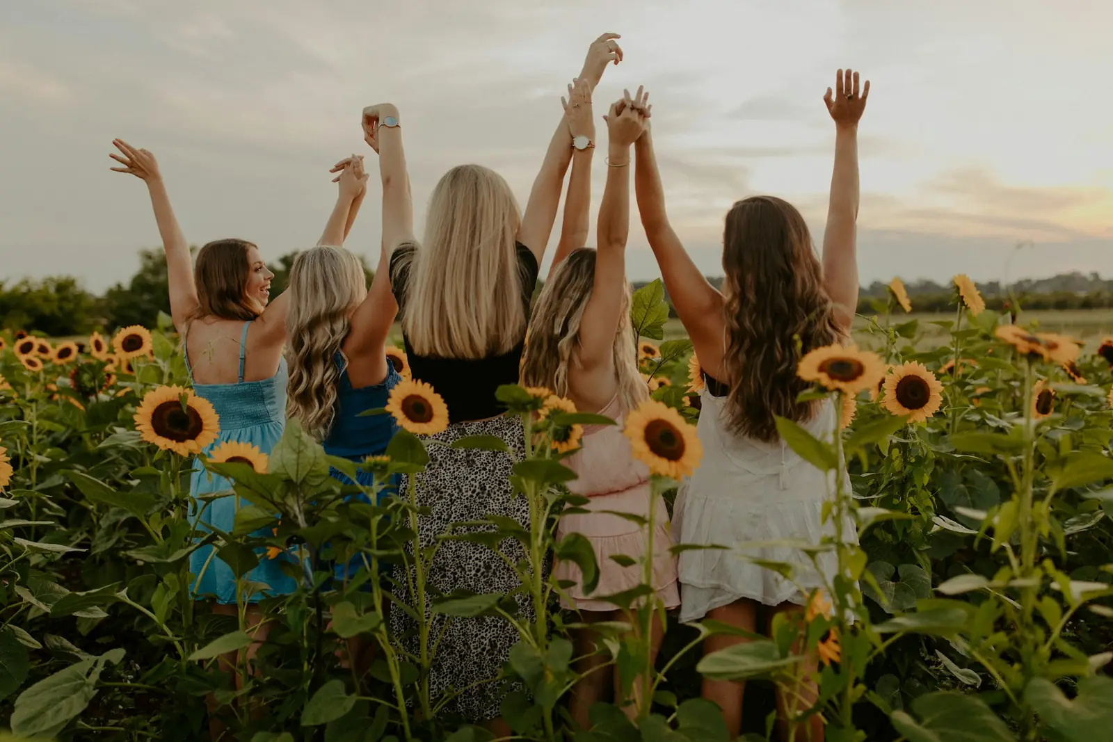Mujeres de espaldas con los brazos en alto en un campo de girasoles