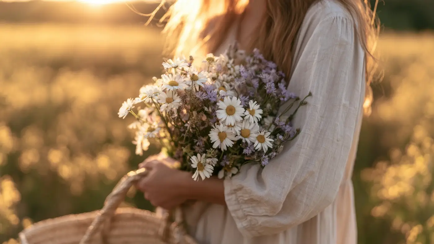 Una mujer con vestido de lino sostiene un ramo de margaritas y flores silvestres al atardecer